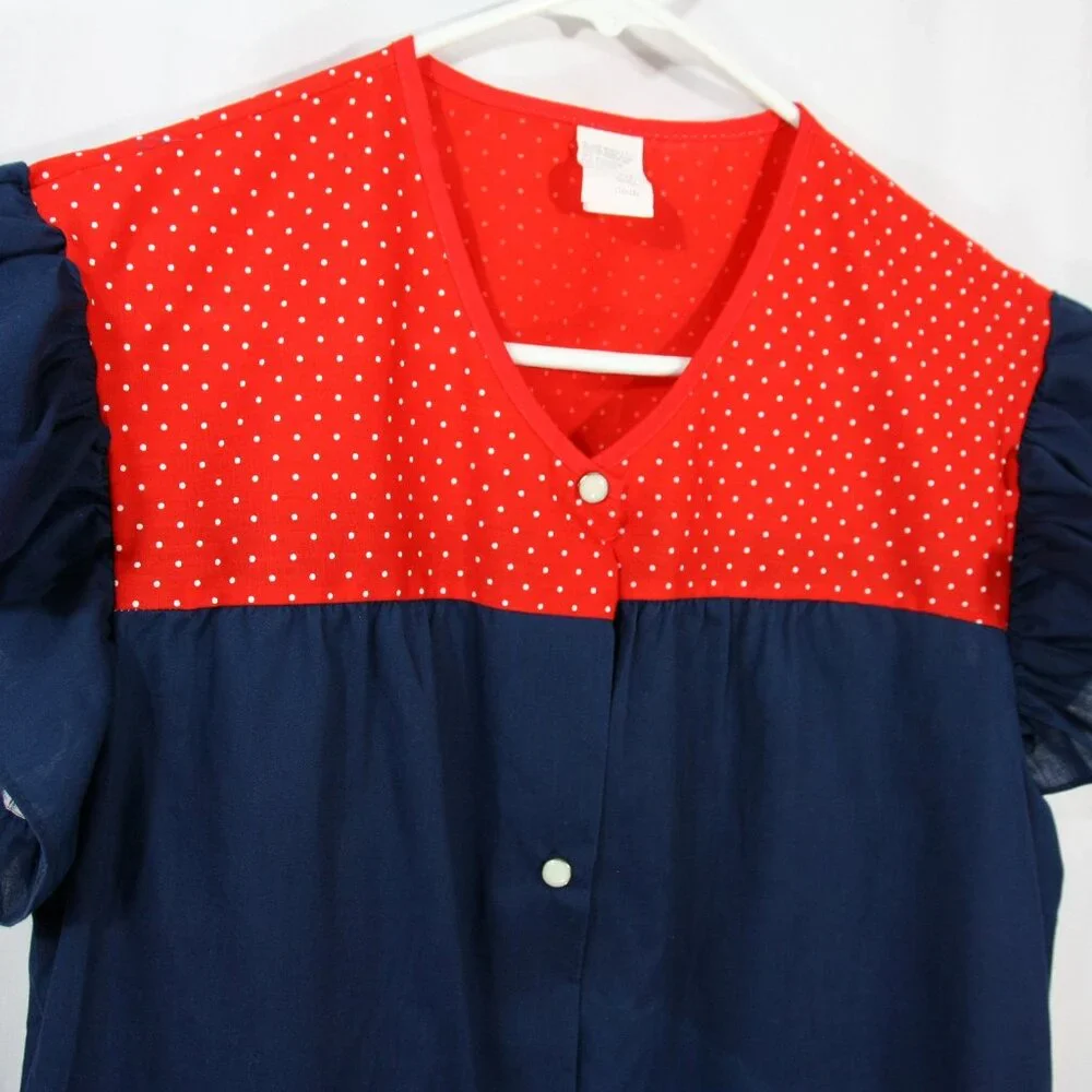 Vintage Pearl Snap Polka Dot Ruffle Trim Full Apron Art Craft Smock w Pockets